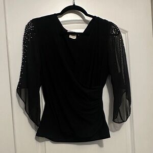 Chaus Black Beaded Sheer Sleeve Blouse